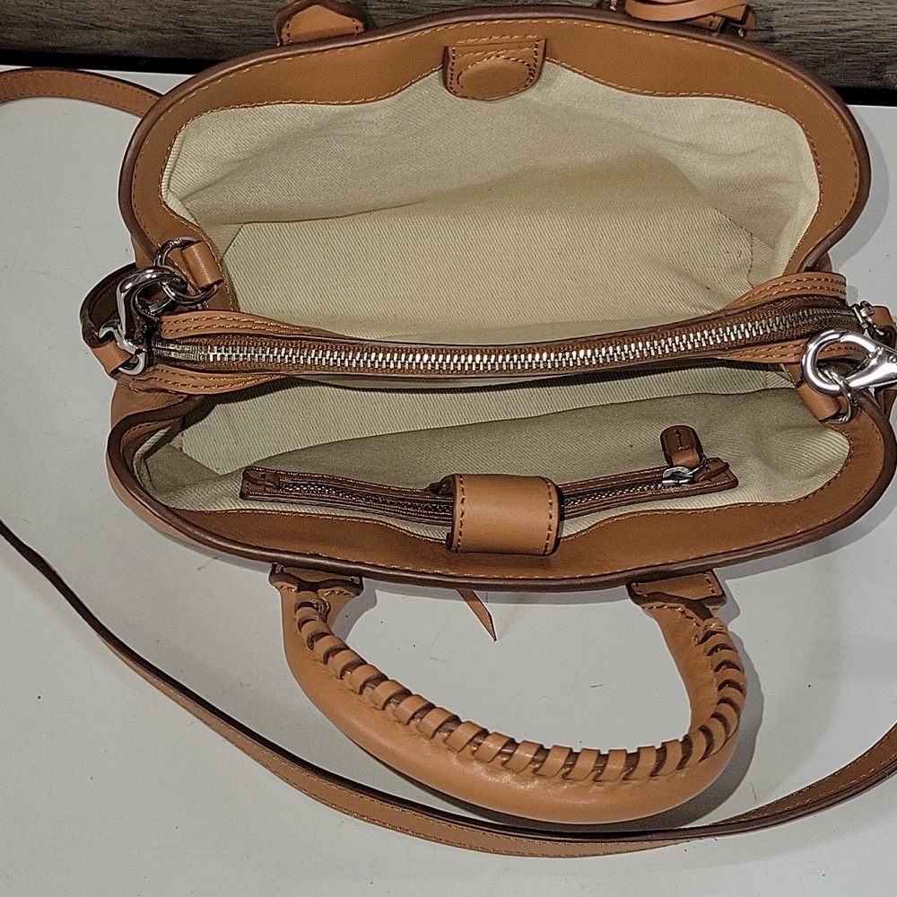 Polo by Ralph Lauren Camel Leather Satchel with Braided Trim Crossbody Bag - Picture 10 of 16